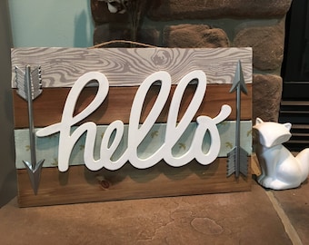 Wooden Fabric Covered Entryway Hello Sign 17x11 Home Decor