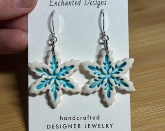 White Pointed Snowflake with Blue Inlay Polymer Clay Earrings - White, Blue and Silver