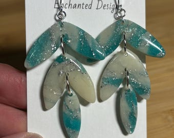 White, Blue and Silver - Faux Geode - Polymer Clay Earrings - Three Teared