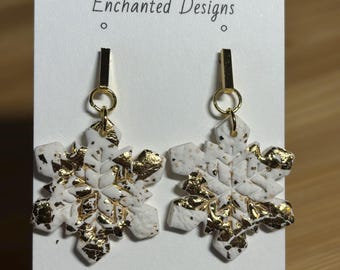 Wide Snowflake Gold Flaked Polymer Clay Earrings - White and Gold