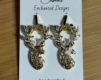 Heavily Gold Flaked Deer Polymer Clay Earrings - White and Gold