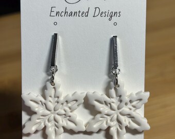 White Pointed Snowflake Polymer Clay Earrings - White and Silver