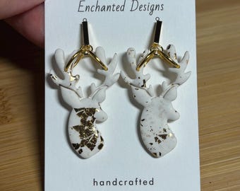 Lightly Gold Flaked Deer Polymer Clay Earrings - White and Gold