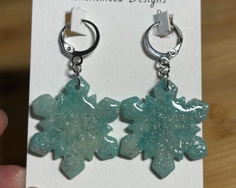 White, Blue and Silver Wide Snowflake- Faux Geode - Polymer Clay Earrings