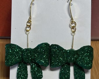Sparkly Green Christmas Bows with Gold Hook Polymer Clay Earrings- Ready to be Shipped! - Green
