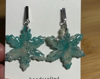 White, Blue and Silver - Faux Geode - Polymer Clay Earrings - Three Teared