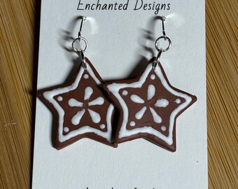 Gingerbread Star Polymer Clay Earrings- Ready to be Shipped! - Brown, White