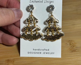 Gold Christmas Tree Three Piece Polymer Clay Earrings - White and Gold