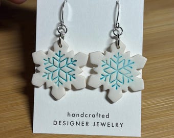 White Wide Snowflake with Blue Inlay Polymer Clay Earrings - White and Silver