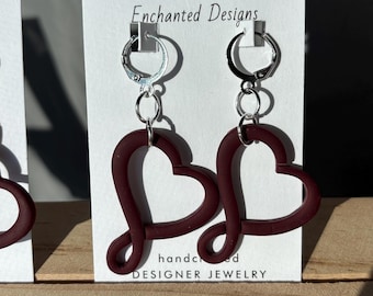 Ready to ship!! Ribbon Heart - Deep Crimson - Polymer Clay Earrings - Teardrop Bottom