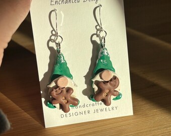 Green Christmas Gnome with Gingerbread Cookie Polymer Clay Earrings - Green, White, Red, Brown