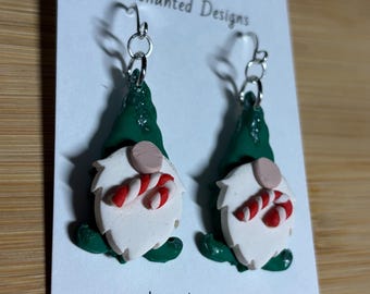 Green Christmas Gnome with Candycane Polymer Clay Earrings - Green, White, Red