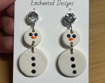 Diamond Snowman Polymer Clay Earrings - White and Silver