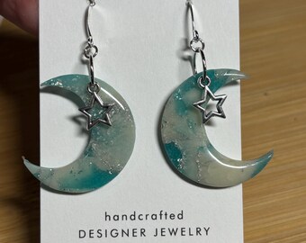 White, Blue and Silver Moon - Faux Geode - Ready to Ship!! Polymer Clay Earrings - Silver Star Charm