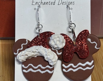 Gingerbread Mouse Polymer Clay Earrings- Ready to be Shipped! - Brown, White, Red and Green