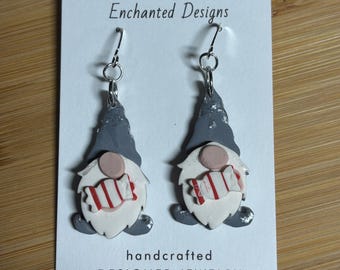 Gray Christmas Gnome with Peppermint Polymer Clay Earrings - Gray, White, Red