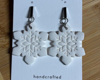 White Wide Snowflake Polymer Clay Earrings - White and Silver