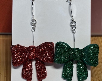 Sparkly Christmas Bows Polymer Clay Earrings- Ready to be Shipped! - Red and Green