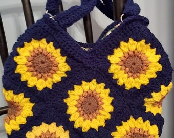 Crochet Sunflower Granny Square Purse, Crochet Bag, Granny Square Bag, Crochet Purse, Retro Bag, Hippie Purse, BoHo Bag, 70s Flashback