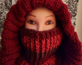 Hooded turtleneck cowl warm hand crocheted hat hood with rolled turtleneck cowl attached