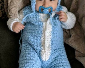 Vintage crocheted  baby coveralls, ear flap hat and booties