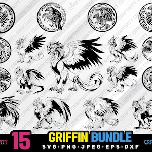 Bundle griffon svg png jpeg eps dxf graver silhouette clipart cricut laser vecteur usage commercial personnalisé griffon créature mythique griffon