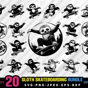 May include: A set of 20 black and white digital illustrations of sloths skateboarding. The sloths are in various poses and are wearing different clothing. The illustrations are perfect for creating crafts, stickers, or other projects.