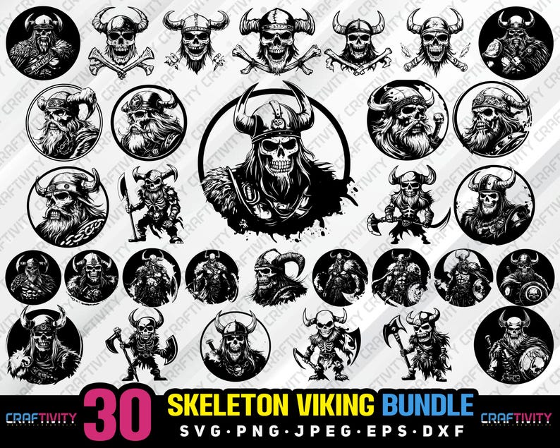 Skeleton Viking Clipart Bundle, Warrior Silhouette (digital Download ...