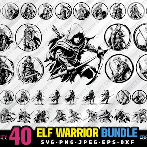 Puede incluir: Un conjunto de 40 ilustraciones vectoriales en blanco y negro de guerreros elfos en varias poses. Las ilustraciones están en un marco circular con un fondo blanco. El texto "40 ELF WARRIOR BUNDLE" está en la parte inferior de la imagen.