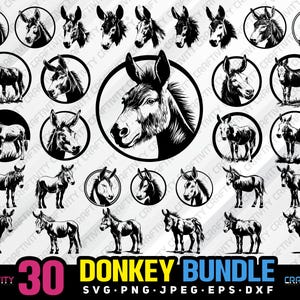donkey bundle svg png jpeg eps dxf bundle silhouette clipart cricut vector commercial use custom donkey silhouette farm animal donkey svg
