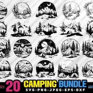 Paquete SVG de camping: Imágenes prediseñadas de bosque de montaña (descarga digital)