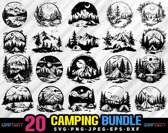 May include: A set of 20 black and white camping themed illustrations. Each illustration features a tent, mountains, trees, and other camping elements. The illustrations are in a circle shape and are perfect for use in digital designs.