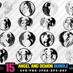 ängel och demon bunt svg png jpeg eps dxf gravera silhuett clipart cricut laser vektor kommersiell användning anpassade änglar demoner vektor svg