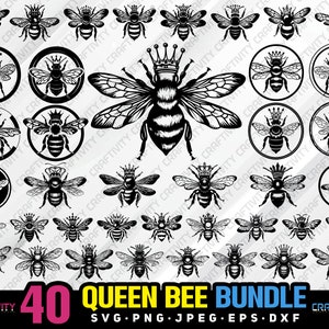 May include: A set of 40 black and white queen bee SVG, PNG, JPEG, EPS, and DXF files. The queen bee is wearing a crown and has wings. The files are perfect for crafting, scrapbooking, and other creative projects.