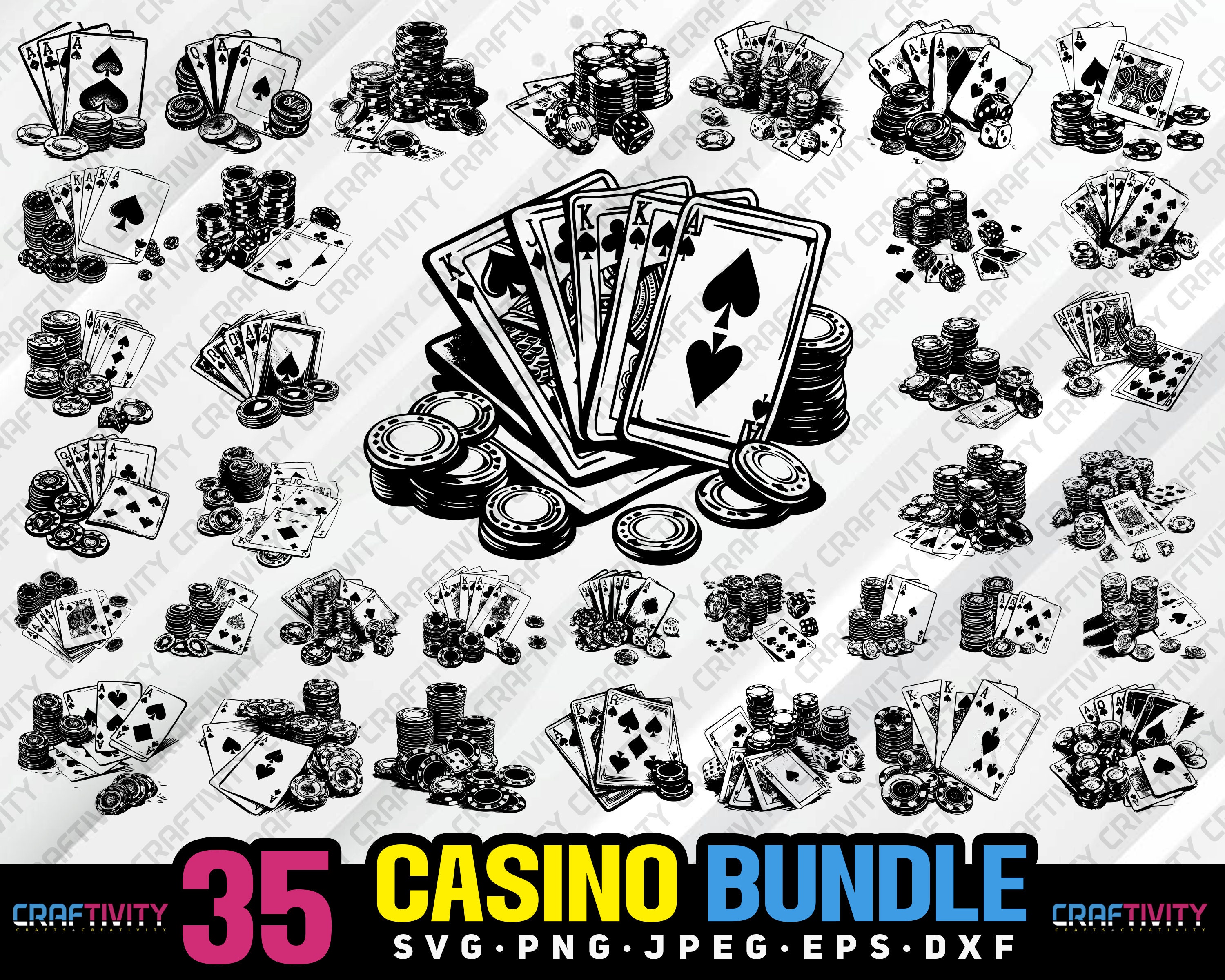 カジノギャンブルSVGバンドル：ポーカーカード、チップ（デジタルダウンロード）