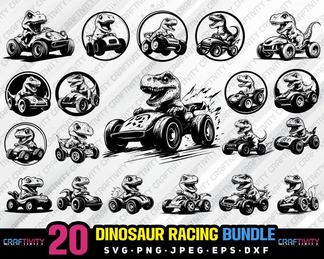 Dinosaur Racing Bundle Svg Png Jpeg Eps Dxf Engrave Silhouette Clipart ...