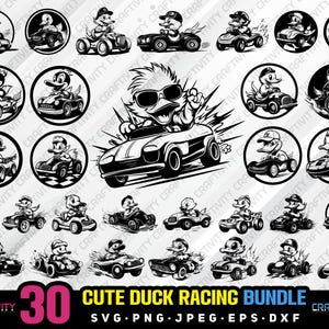 cute duck racing bundle svg png jpeg eps dxf engrave silhouette clipart cricut laser vector commercial use custom cute duck race car duck