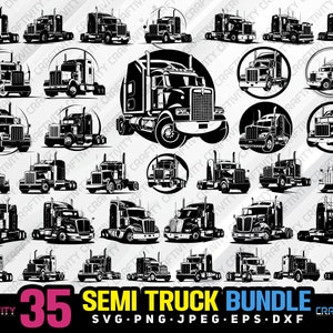 May include: A set of 35 black and white semi truck illustrations. The trucks are in various poses, including driving, turning, and parked. The illustrations are perfect for use in crafting projects, scrapbooking, or digital design.