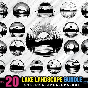 lake landscape bundle svg png jpeg eps dxf engrave silhouette clipart cricut laser vector commercial use custom lake scene lake mountain svg