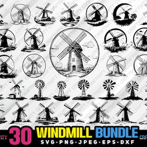 Windmolen vector clipart-bundel: silhouet, Cricut, lasergesneden (digitale download)