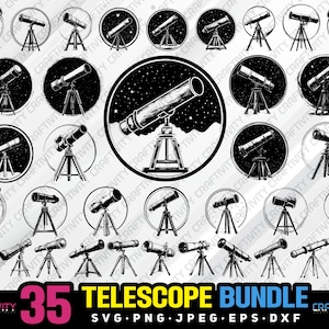 Könnte beinhalten: Ein Set mit 35 Schwarzweiß-Illustrationen von Teleskopen in verschiedenen Stilen. Die Illustrationen befinden sich in einem Kreis mit weißem Hintergrund. Der Text "35 TELESCOPE BUNDLE" befindet sich am unteren Rand des Bildes.