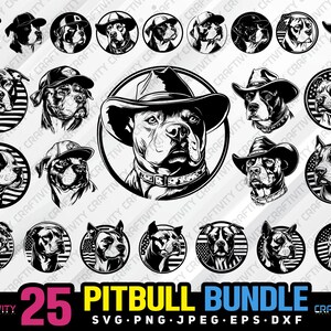 Può includere: Un set di 25 illustrazioni digitali in bianco e nero di cani pit bull in varie pose. Le illustrazioni sono in stile cartone animato e presentano una varietà di espressioni. Il testo "25 PITBULL BUNDLE" è nella parte inferiore dell'immagine.