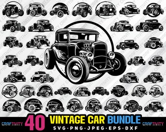 May include: A set of 40 vintage car illustrations in black and white. The illustrations are in various poses and styles, including a classic hot rod with flames on the side. The illustrations are perfect for use in digital scrapbooking, card making, and other craft projects.
