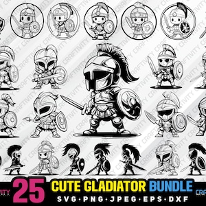cute gladiator bundle svg png jpg eps dxf engrave silhouette clipart cricut laser vector commercial use custom kawaii gladiator cute warrior