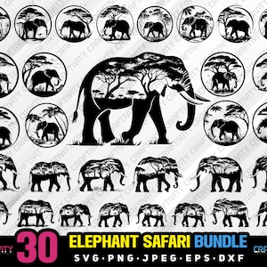 May include: A set of 30 black and white elephant silhouette SVG cut files. The elephants are in various poses, some with trees and foliage behind them. The text "ELEPHANT SAFARI BUNDLE" is at the bottom of the image.