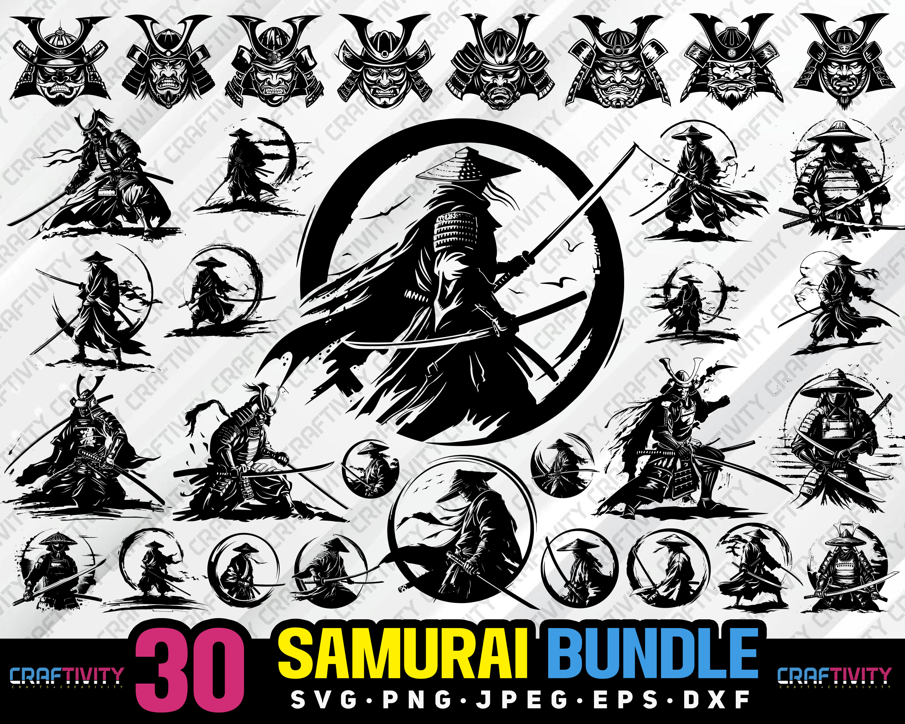 samurai bundle svg png jpeg eps dxf bundle silhouette clipart cricut vector commercial use custom samurai warrior japanese samurai vector