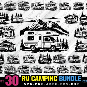 May include: A set of 30 black and white illustrations of RVs in various settings, including mountains, forests, and lakes. The illustrations are perfect for use in crafting projects, scrapbooking, or digital design.