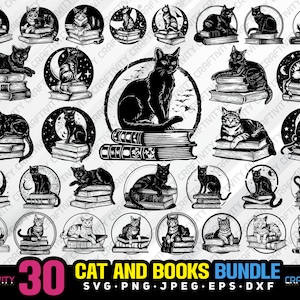 cat and books bundle svg png jpeg eps dxf bundle silhouette clipart cricut vector commercial use custom cat books vector cat books bundle