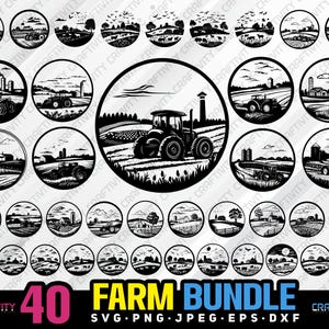 May include: A set of 40 black and white farm-themed SVG cut files. The images feature tractors, barns, silos, and other farm elements. The images are perfect for creating crafts, decorations, and other projects.