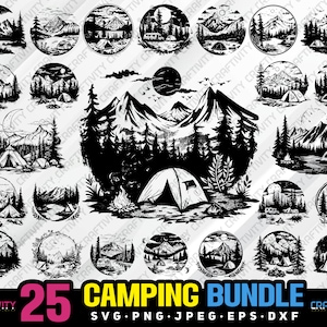 paquete de camping svg png jpeg eps dxf paquete silueta clipart cricut vector uso comercial personalizado camping montaña aventura camper bosque